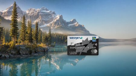 Carte WestJet World Elite Mastercard RBC devant les montagnes Rocheuses canadiennes