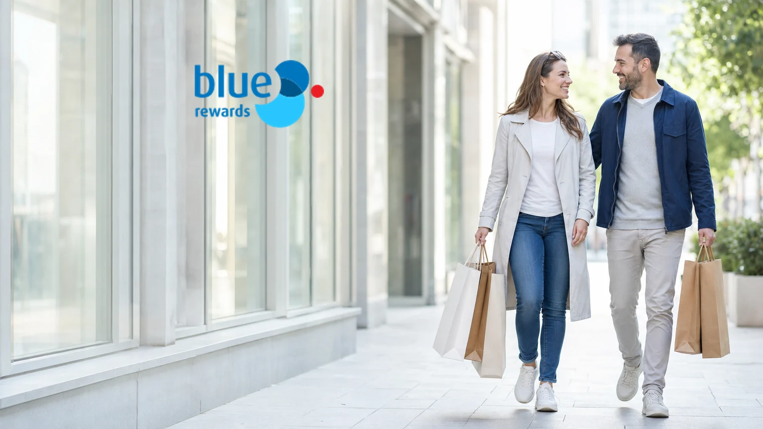 Blue Rewards logo and a couple walking with shopping bags