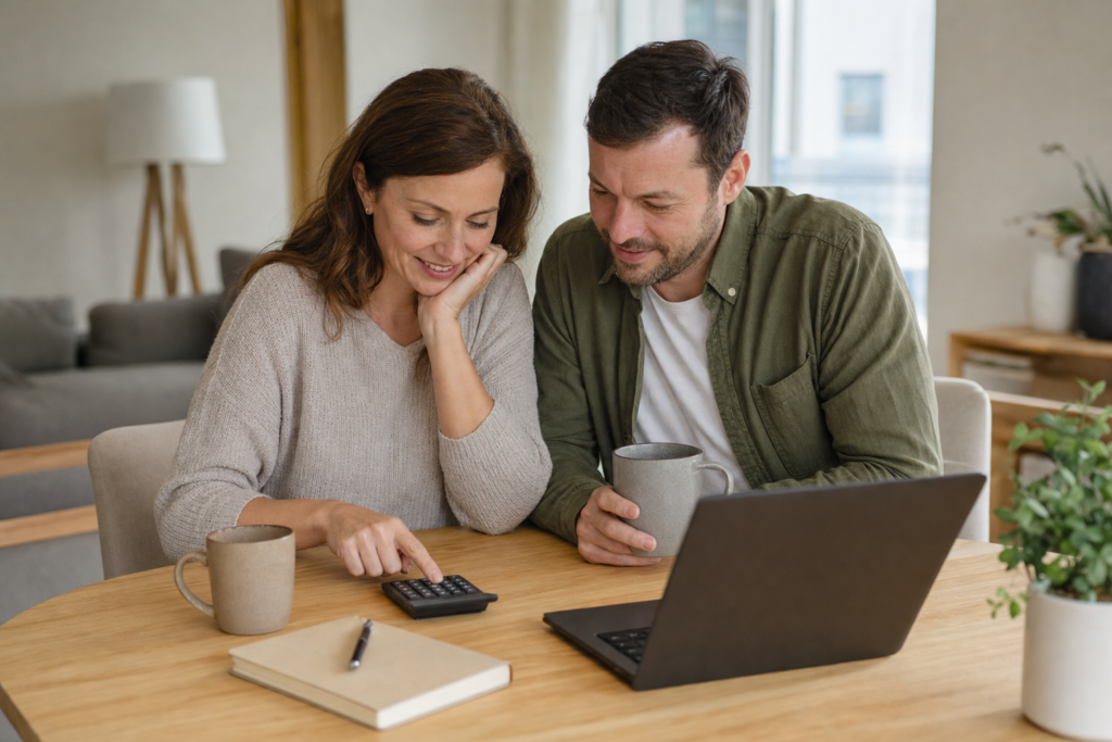 Couple attablé à la maison qui revoit son budget avec une calculatrice et un ordinateur portable