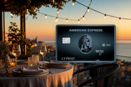Carte Cobaltᴹᴰ American Express devant une terrasse de restaurant en bord de mer
