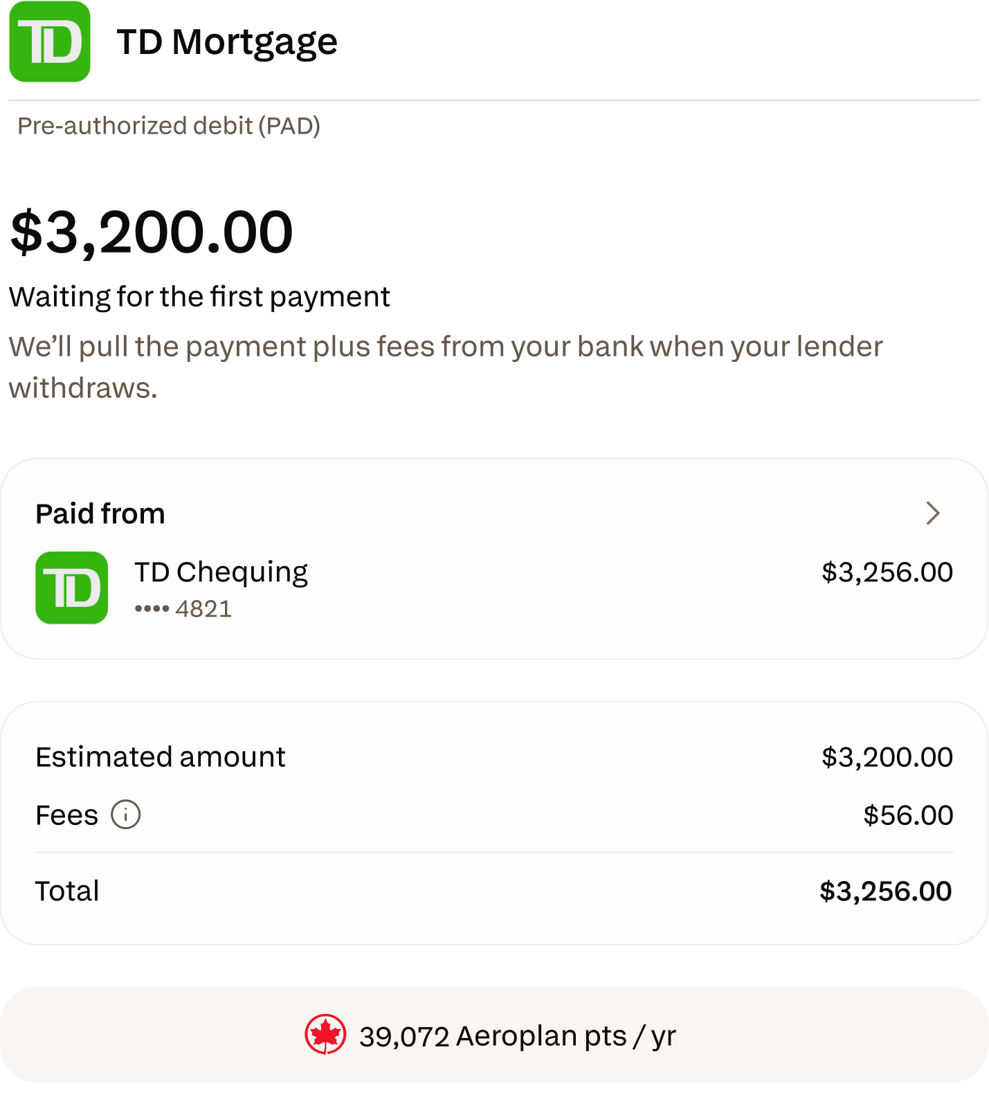 Capture d'écran officielle Chexy&nbsp;: paiement hypothécaire TD de 3&nbsp;200&nbsp;$, frais de 56&nbsp;$, 39&nbsp;072 points Aéroplan par année