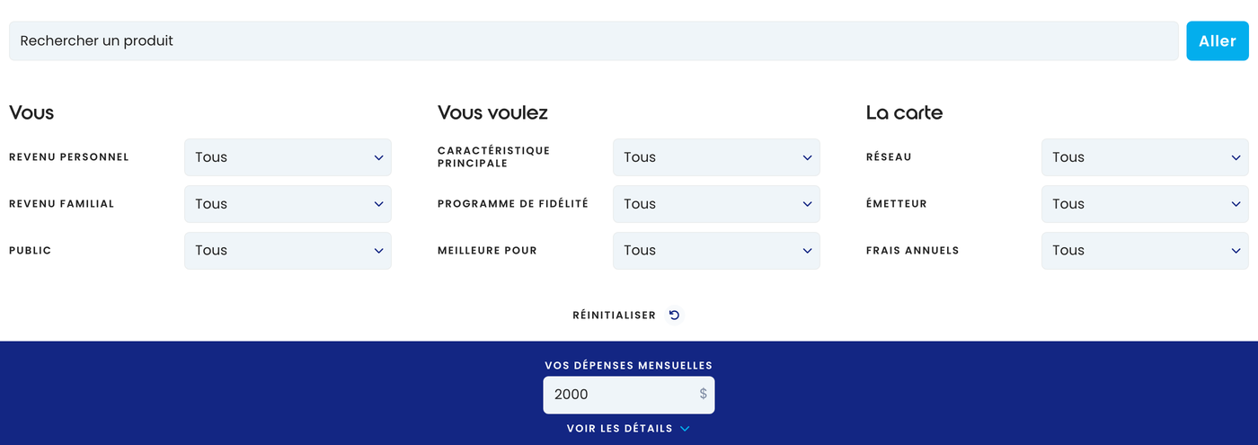 Filtres du comparateur Milesopedia : revenu personnel et familial, caractéristique principale, programme de fidélité, réseau, émetteur et frais annuels