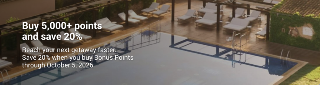 Achat de points : Obtenez 20 % en bonus à l'achat de points World of Hyatt - Buy 5,000+ points and save 20% through October 5, 2026