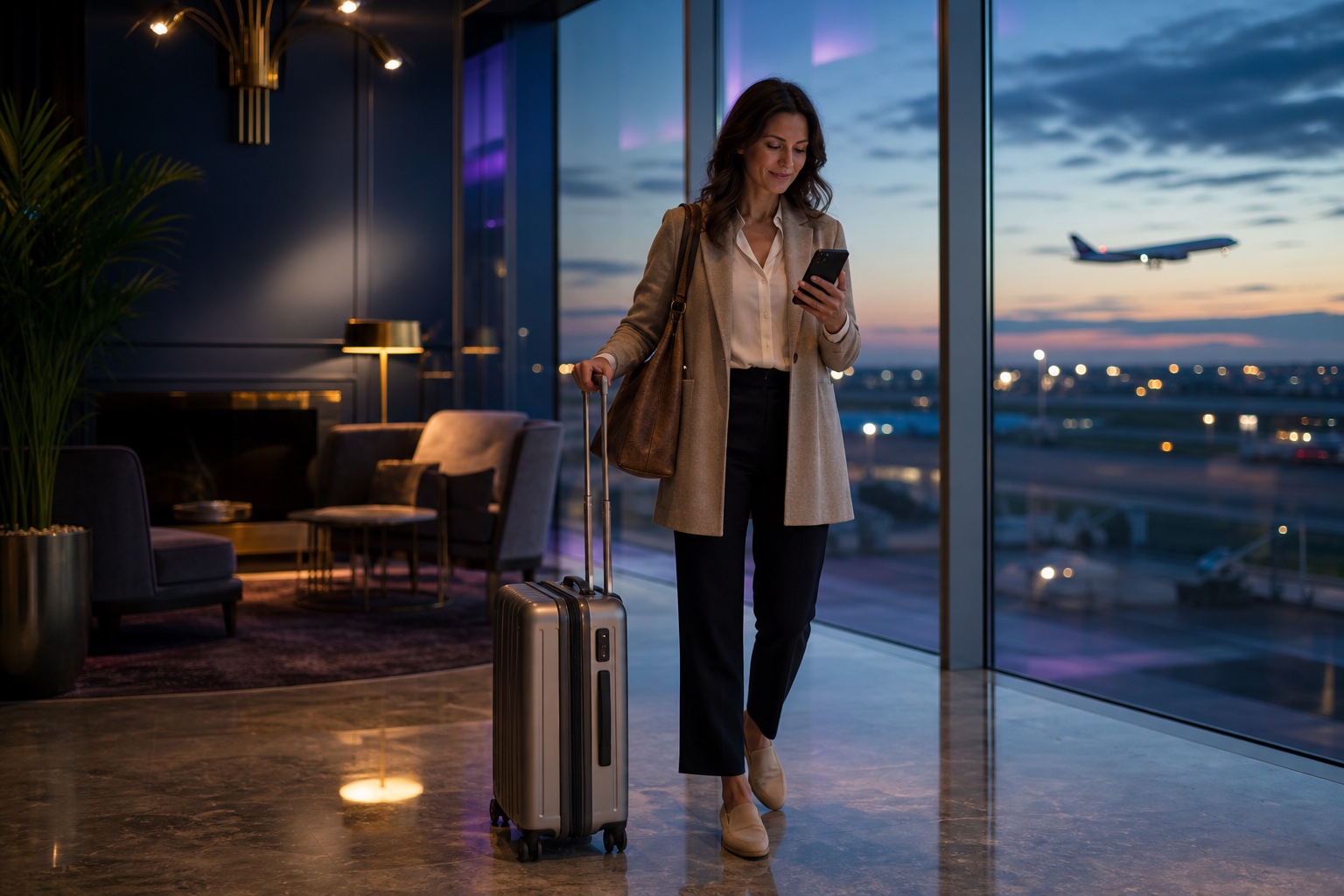 Voyageuse consultant son téléphone dans un hall d'hôtel moderne, avion visible au décollage par la fenêtre