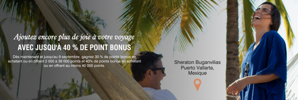 Bannière promotionnelle Marriott Bonvoy&nbsp;: jusqu'à 40&nbsp;% de points bonis, du 4 août au 9 septembre 2026