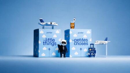 Porter Airlines “Little Things” mystery box collection for the 20th anniversary, with mascot figurine, miniature plane, glass, and luggage