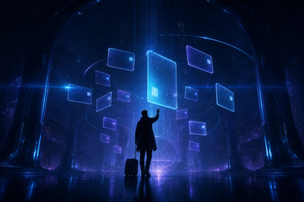 Voyageur avec sa valise tendant la main vers des cartes de fidélité en hologramme dans un terminal futuriste