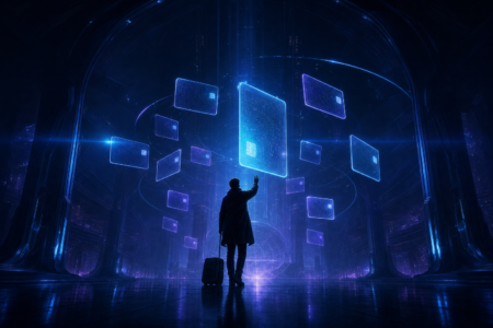 Voyageur avec sa valise tendant la main vers des cartes de fidélité en hologramme dans un terminal futuriste