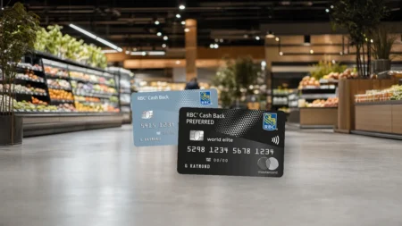 RBC Cash Back Preferred World Elite Mastercard and RBC Cash Back Mastercard cards in a grocery store