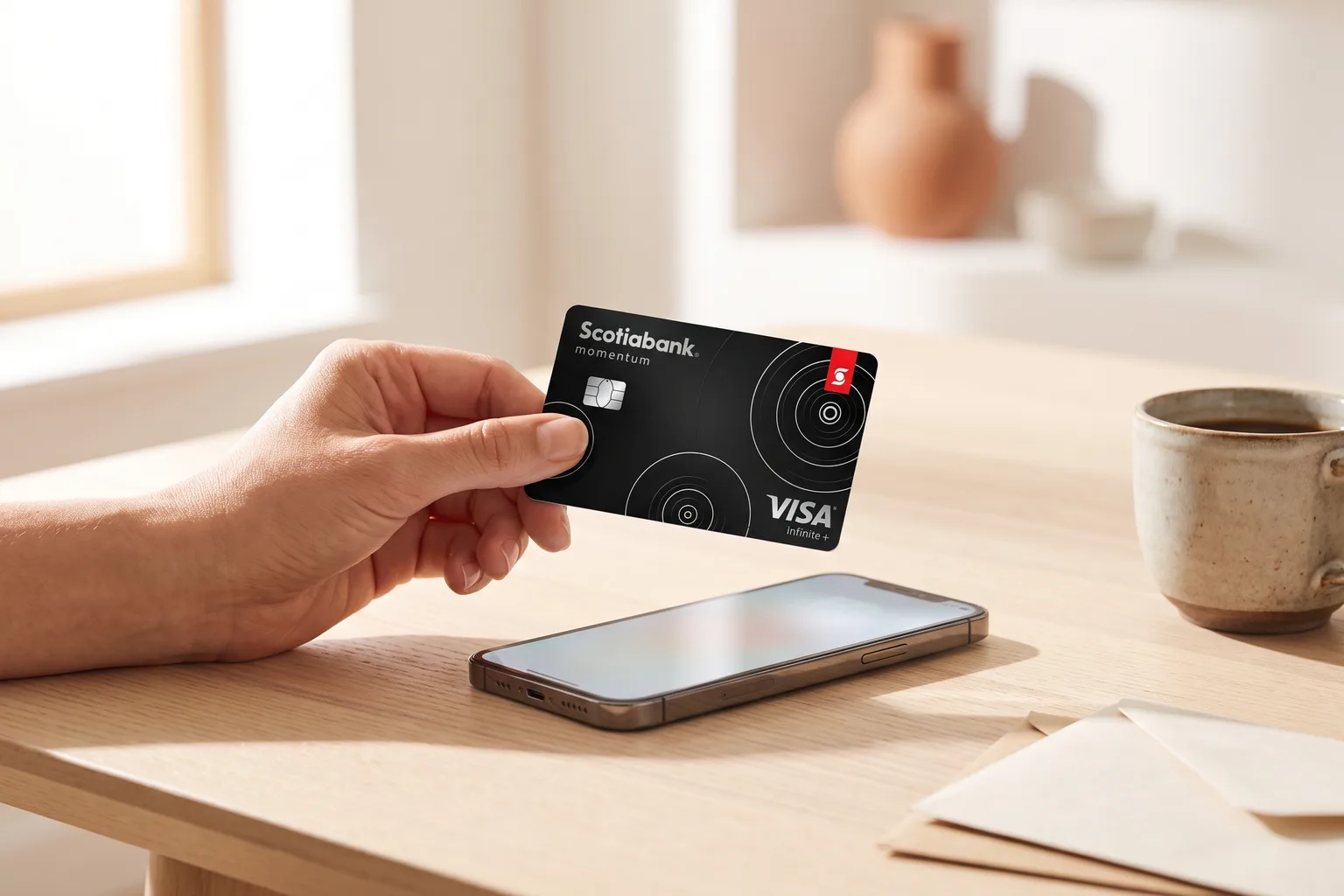 Scotiabank Momentum Visa Infinite + Card held above a phone to pay a bill