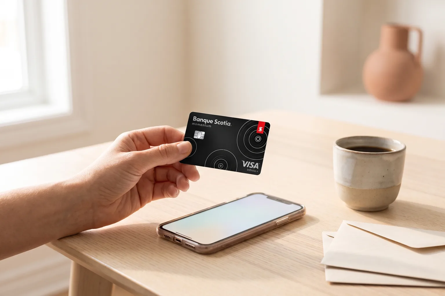 Carte Visa Infinite + Momentum Scotia tenue au-dessus d’un téléphone pour payer une facture