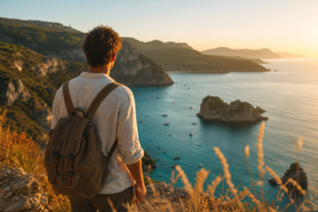 Traveller with a backpack looking out over a turquoise bay at sunset