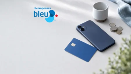 Logo Récompenses Bleu au-dessus d'un bureau clair avec une carte de crédit bleue, un téléphone et des pièces de monnaie