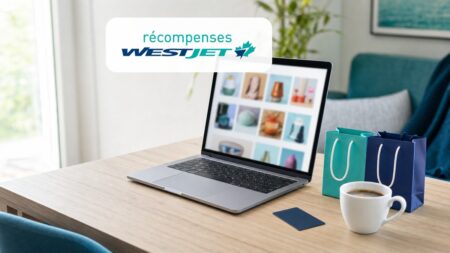 Ordinateur portable ouvert sur une boutique en ligne avec le logo Récompenses WestJet