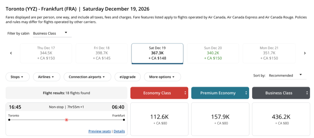 Aeroplan search for AC 840 Toronto to Frankfurt in business class showing 436,200 points