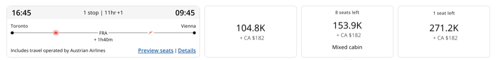 Aeroplan itinerary Toronto to Vienna via Frankfurt in business class showing 271,200 points