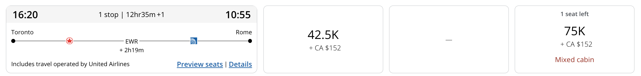Aeroplan flight reward search result for a Toronto-Rome flight via Newark with United Airlines: economy class at 42,500 points, business class at 75,000 points flagged "Mixed cabin"