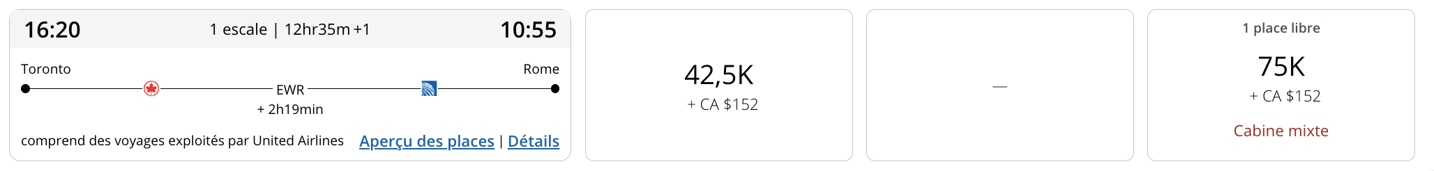Résultat de recherche Aéroplan pour un vol Toronto-Rome via Newark avec United Airlines : classe économique à 42 500 points, classe affaires à 75 000 points signalée « Cabine mixte »
