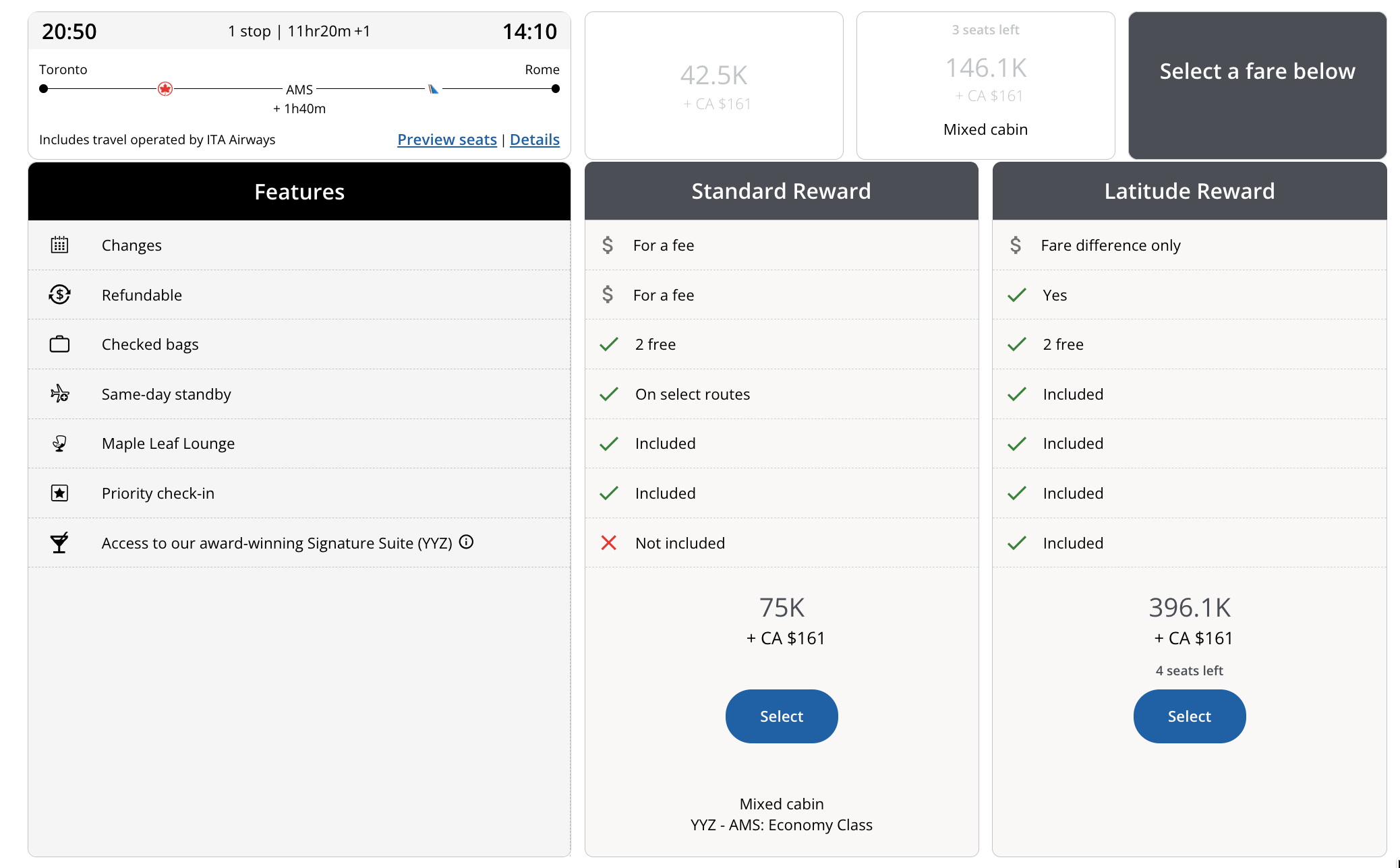 Aeroplan search result for a Toronto-Amsterdam-Rome flight showing a 75,000-point mixed cabin fare, with the Toronto-Amsterdam segment in economy class