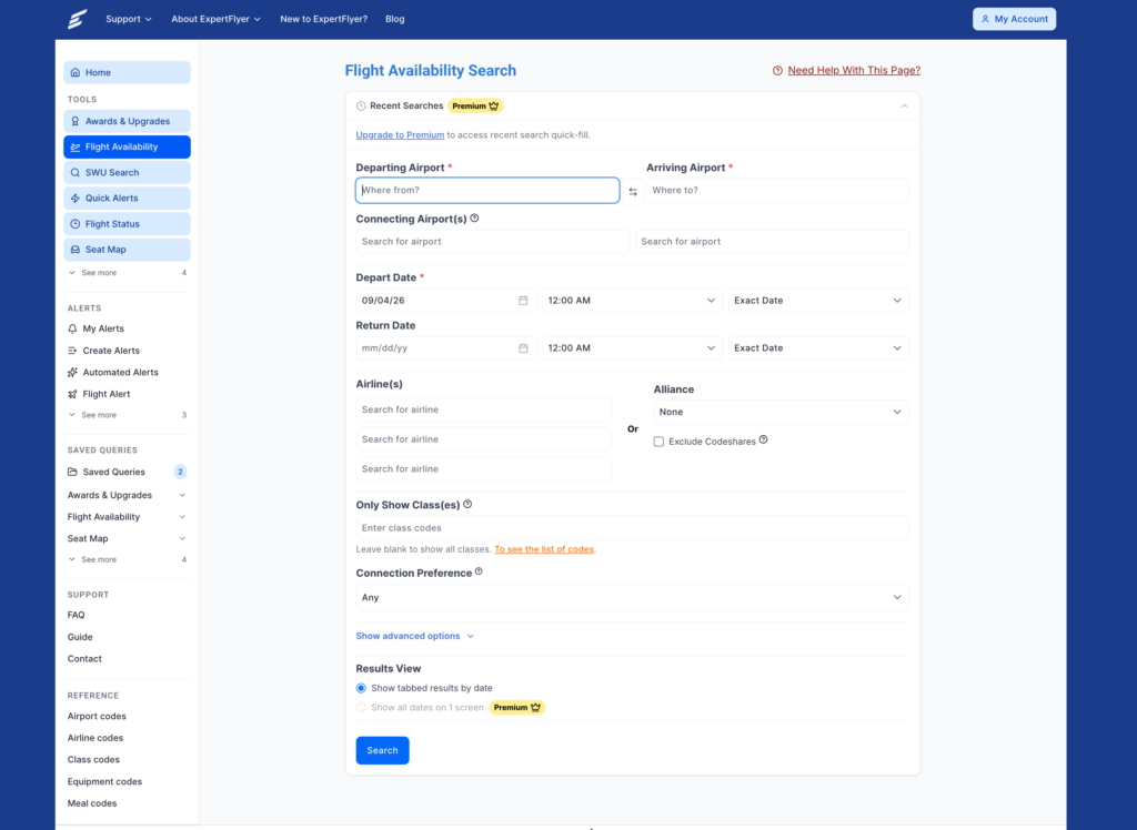 Formulaire de recherche de disponibilités de vols sur ExpertFlyer