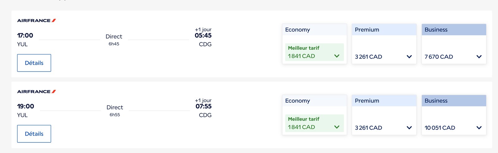 Prix en dollars canadiens des trois cabines sur le même vol Air France Montréal-Paris : 1 841 $, 3 261 $ et 7 670 $