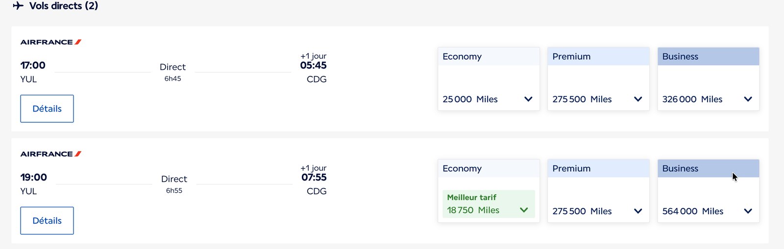 Prix en Miles Flying Blue des trois cabines sur le vol Air France Montréal-Paris du 28 septembre : 25 000, 275 500 et 326 000 Miles