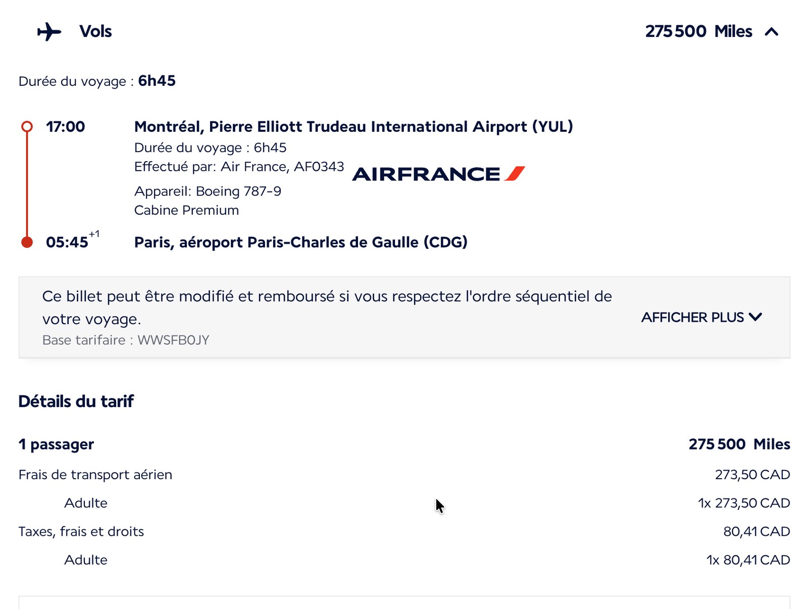 Détail du tarif d'un billet prime Air France en cabine Premium : 275 500 Miles, 273,50 $ de frais de transport aérien et 80,41 $ de taxes