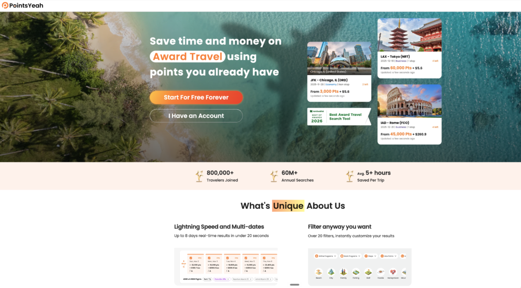 Page d'accueil PointsYeah, distinguée Best Award Travel Search Tool par NerdWallet 2026
