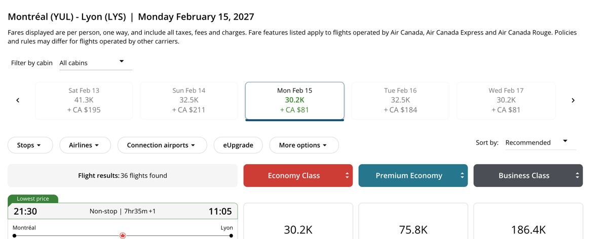 Recherche de prime Aéroplan Montréal-Lyon pour le 15 février 2027, affichant 30 200 points en classe économique