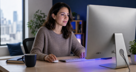 Femme assise à un bureau consultant ses placements sur un ordinateur dans un appartement lumineux