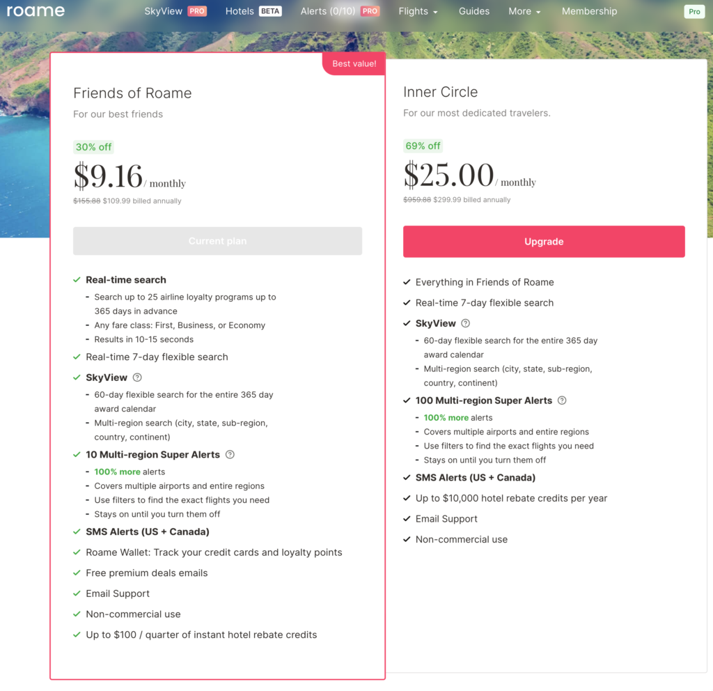 Comparatif des tarifs Roame : Friends of Roame à 9,16 $ US par mois et Inner Circle à 25 $ US par mois