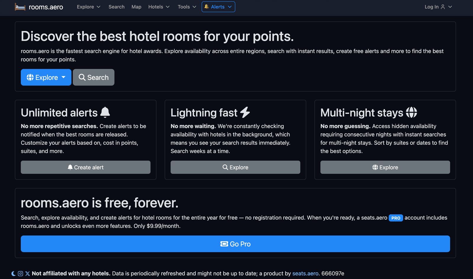 Page d'accueil de rooms.aero, le moteur de recherche gratuit d'hôtels en points de seats.aero