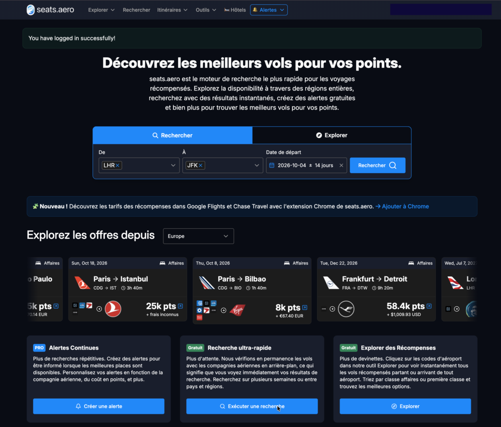 Page d'accueil Seats.aero avec l'extension Chrome pour Google Flights et Chase Travel