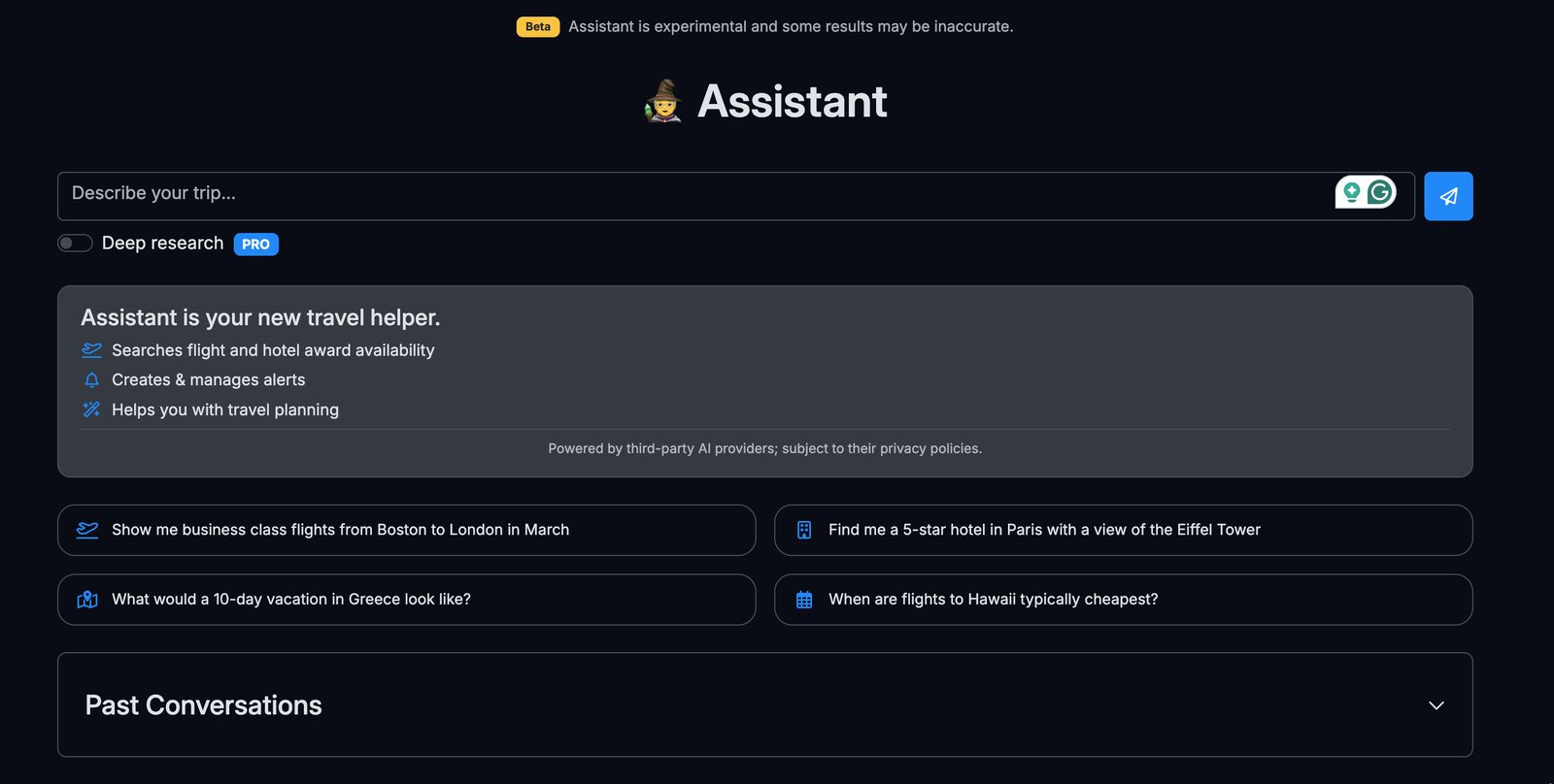 Page de l'assistant IA de Seats.aero avec des exemples de questions de voyage