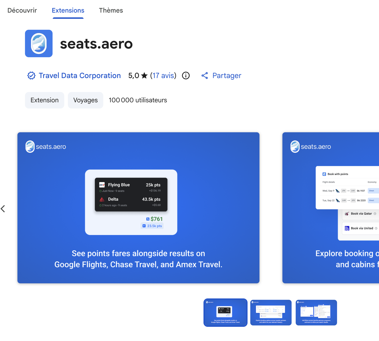 Page de l'extension Seats.aero sur le Chrome Web Store avec 100 000 utilisateurs