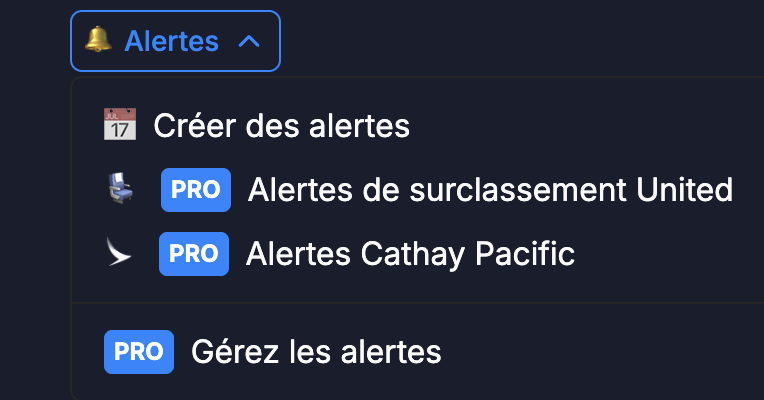 Menu Alertes de Seats.aero : créer des alertes, alertes de surclassement United, alertes Cathay Pacific