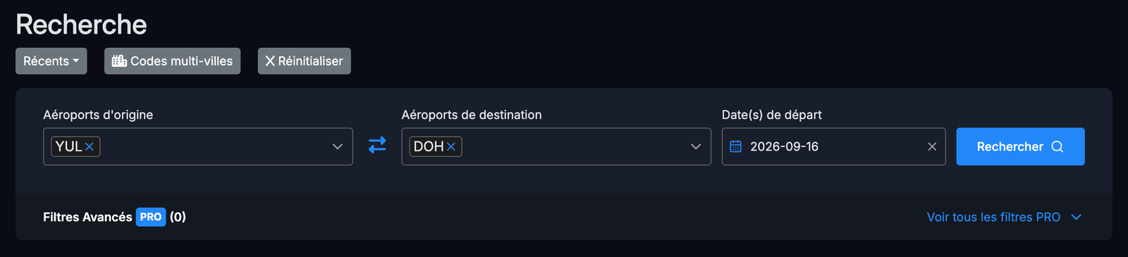 Formulaire de recherche Seats.aero avec Montréal en origine, Doha en destination et une date de départ