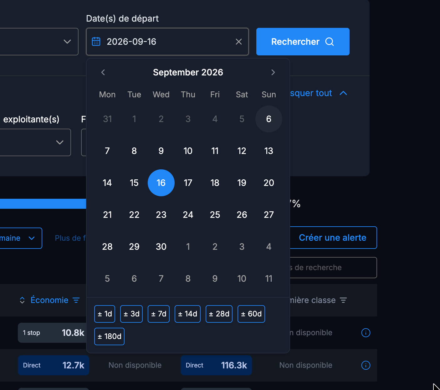 Sélecteur de dates Seats.aero avec des plages de plus ou moins 1 à plus ou moins 180 jours