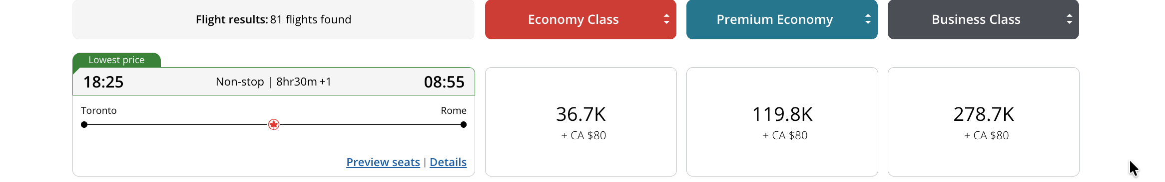 Aeroplan search result for a non-stop Toronto-Rome flight showing Economy, Premium Economy and Business Class prices with no "Mixed cabin" flag on any of them